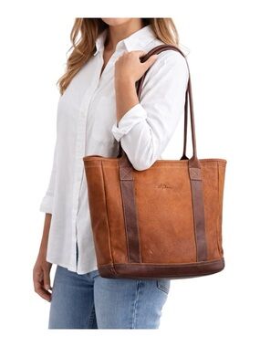 L.L. Bean Vintage Leather Tote Brown Two Tone Organizer Everyday Bag USA Office